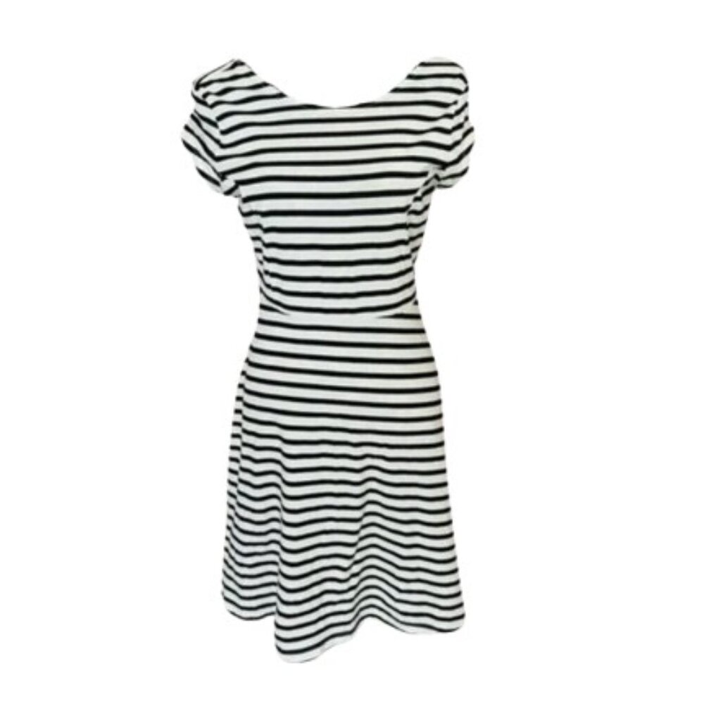 Black White Striped Fit & Flare Dress Cap Sleeve Cotton Blend L